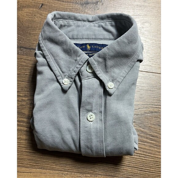 Ralph Lauren Knit Oxford Button Down Shirt Mens Medium Gray Grey Flesh Pony Prep - Picture 9 of 10